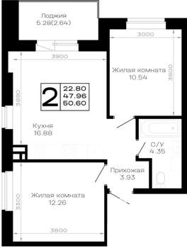 2-к квартира, строящийся дом, 51м2, 4/4 этаж