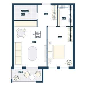 1-к квартира, вторичка, 54м2, 5/9 этаж