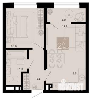 2-к квартира, строящийся дом, 38м2, 4/8 этаж