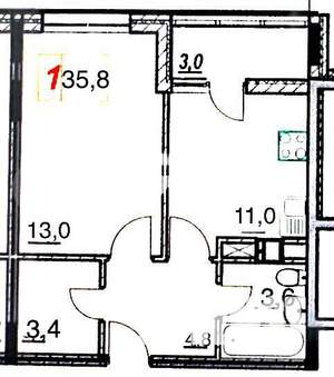 1-к квартира, вторичка, 39м2, 7/9 этаж