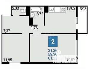 2-к квартира, вторичка, 59м2, 9/16 этаж