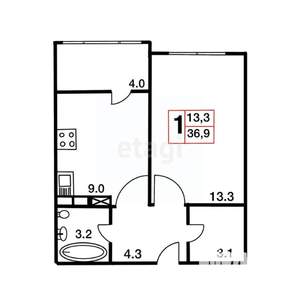 1-к квартира, вторичка, 37м2, 6/9 этаж