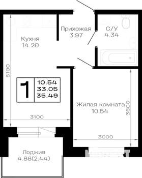 1-к квартира, вторичка, 35м2, 1/4 этаж
