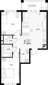 2-к квартира, вторичка, 63м2, 6/8 этаж