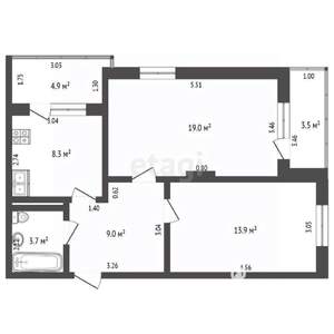 2-к квартира, вторичка, 62м2, 3/3 этаж