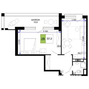 2-к квартира, строящийся дом, 57м2, 3/9 этаж