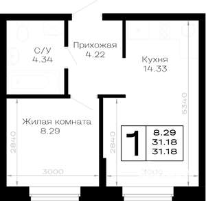 1-к квартира, строящийся дом, 31м2, 1/4 этаж