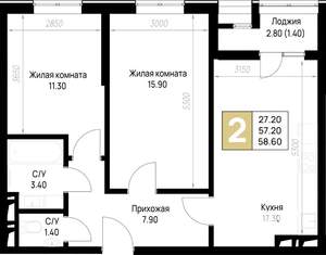 2-к квартира, строящийся дом, 59м2, 3/12 этаж