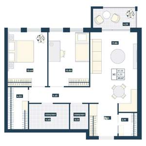 2-к квартира, вторичка, 66м2, 7/9 этаж
