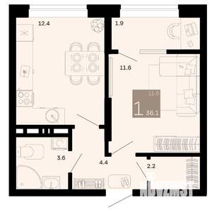 1-к квартира, строящийся дом, 36м2, 2/12 этаж