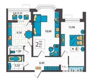 2-к квартира, вторичка, 60м2, 9/9 этаж
