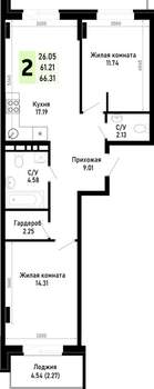 2-к квартира, вторичка, 66м2, 4/4 этаж
