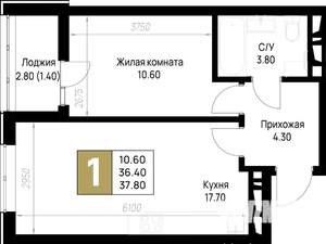 1-к квартира, строящийся дом, 38м2, 9/12 этаж