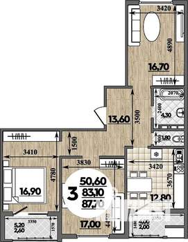 3-к квартира, строящийся дом, 88м2, 6/16 этаж