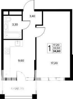 1-к квартира, строящийся дом, 35м2, 6/8 этаж