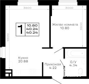 1-к квартира, строящийся дом, 40м2, 3/4 этаж