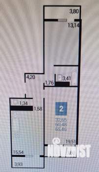 2-к квартира, вторичка, 65м2, 5/16 этаж