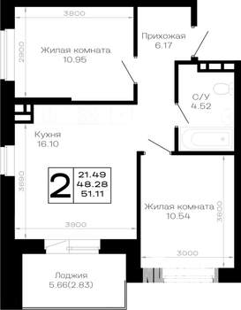 2-к квартира, строящийся дом, 51м2, 3/4 этаж