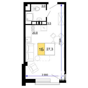 1-к квартира, строящийся дом, 27м2, 8/9 этаж