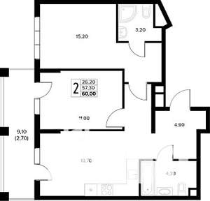 2-к квартира, строящийся дом, 60м2, 2/8 этаж