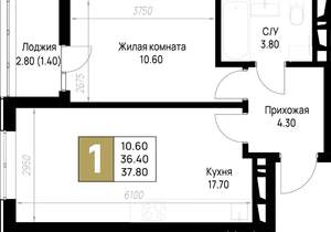 1-к квартира, вторичка, 38м2, 7/12 этаж