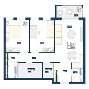 2-к квартира, вторичка, 66м2, 2/9 этаж