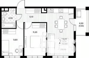 2-к квартира, строящийся дом, 53м2, 3/8 этаж