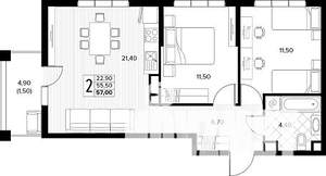 2-к квартира, строящийся дом, 57м2, 2/8 этаж