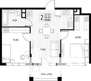 2-к квартира, строящийся дом, 52м2, 3/8 этаж