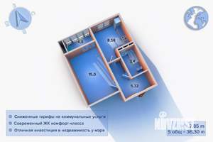1-к квартира, сданный дом, 36м2, 8/17 этаж