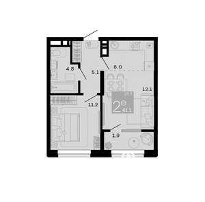 1-к квартира, вторичка, 41м2, 8/12 этаж