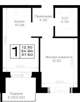1-к квартира, строящийся дом, 38м2, 2/4 этаж