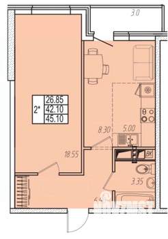 1-к квартира, сданный дом, 45м2, 11/14 этаж