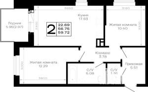 2-к квартира, строящийся дом, 60м2, 3/4 этаж