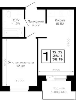 1-к квартира, строящийся дом, 38м2, 1/4 этаж