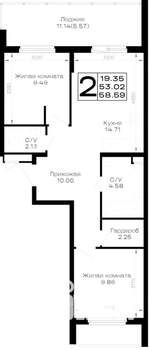 2-к квартира, вторичка, 59м2, 1/4 этаж