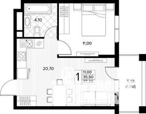 1-к квартира, строящийся дом, 37м2, 6/8 этаж