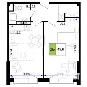 2-к квартира, строящийся дом, 50м2, 5/9 этаж
