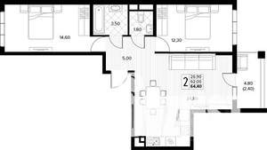 2-к квартира, строящийся дом, 64м2, 5/8 этаж