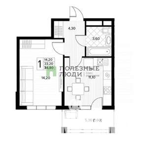 1-к квартира, вторичка, 34м2, 3/6 этаж