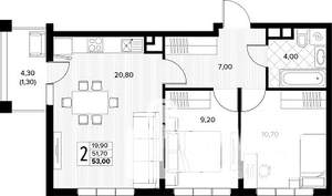 2-к квартира, строящийся дом, 53м2, 3/8 этаж