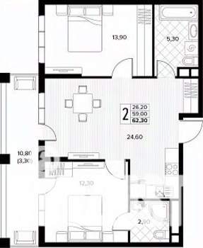 2-к квартира, строящийся дом, 62м2, 4/8 этаж