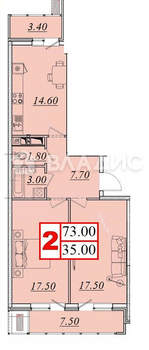 2-к квартира, вторичка, 73м2, 5/15 этаж