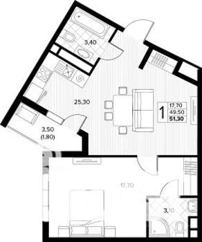 1-к квартира, вторичка, 51м2, 6/8 этаж