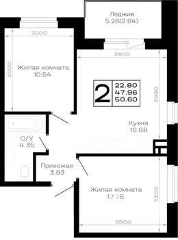 2-к квартира, вторичка, 51м2, 1/4 этаж