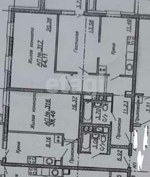 2-к квартира, вторичка, 64м2, 3/12 этаж