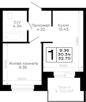 1-к квартира, вторичка, 33м2, 1/4 этаж