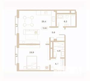 1-к квартира, вторичка, 72м2, 2/7 этаж