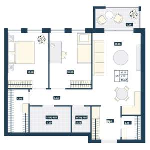 2-к квартира, вторичка, 66м2, 4/9 этаж