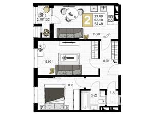 2-к квартира, вторичка, 57м2, 3/9 этаж